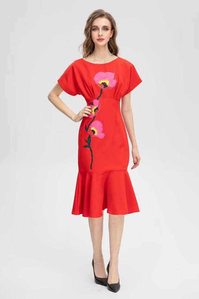 Applique embroidery skirt Size: Smlxlxxl Color: Black Red Fabric: Fiber Embroide