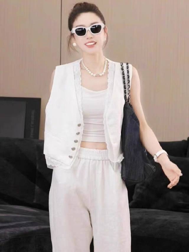 Hot sale! High-quality European linen and lace waistcoat with wide-leg pants, fa