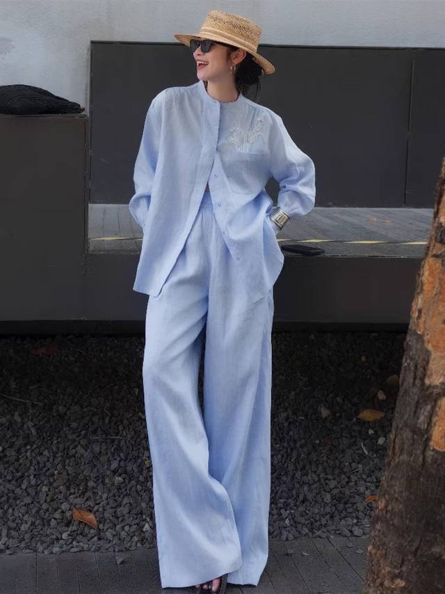 Autumn minimalist old money style 100% fermented washed linen heavy embroidery s