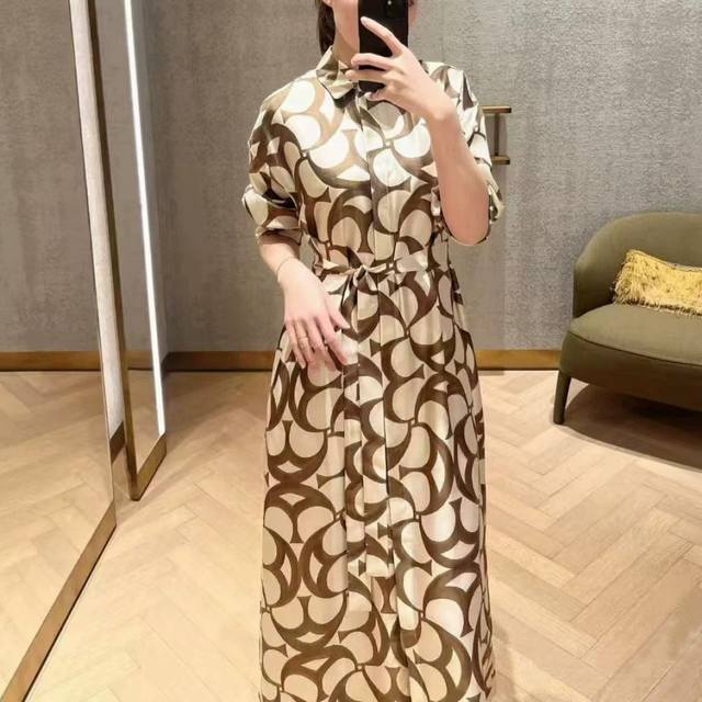 Max autumn print lapel tie waist slim temperament shirt-style long dress Smlxl D