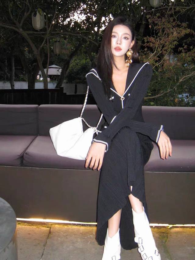 High quality mixed color navy style nautical knitted fishtail dress Black and w