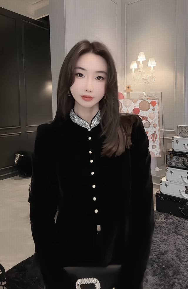 High-end exquisite black beaded velvet puff sleeve shirt. The black velvet has