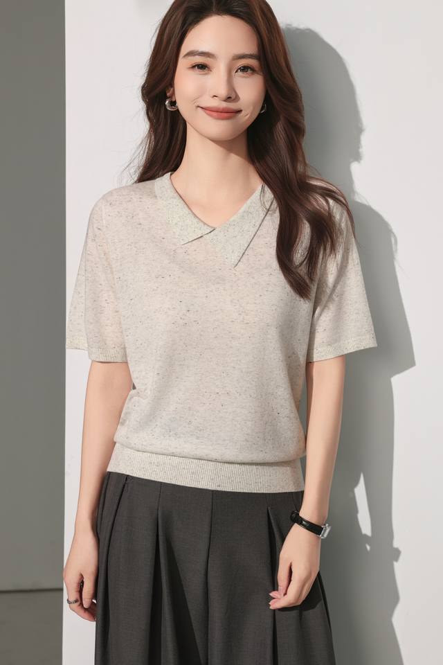 Autumn new linen merino wool floral yarn short sleeve M-Xl DDD