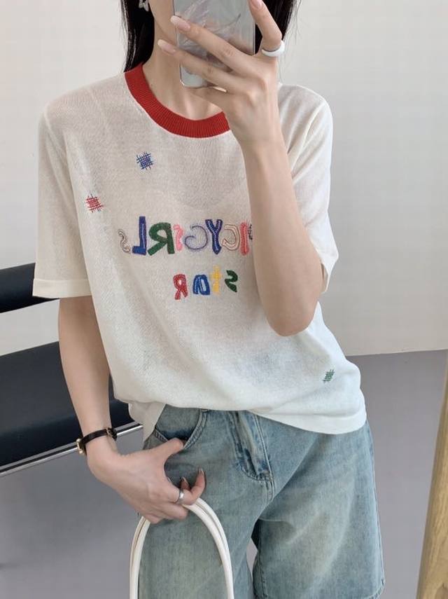 Colorful letter embroidery collar contrast color short-sleeved sweater new vers