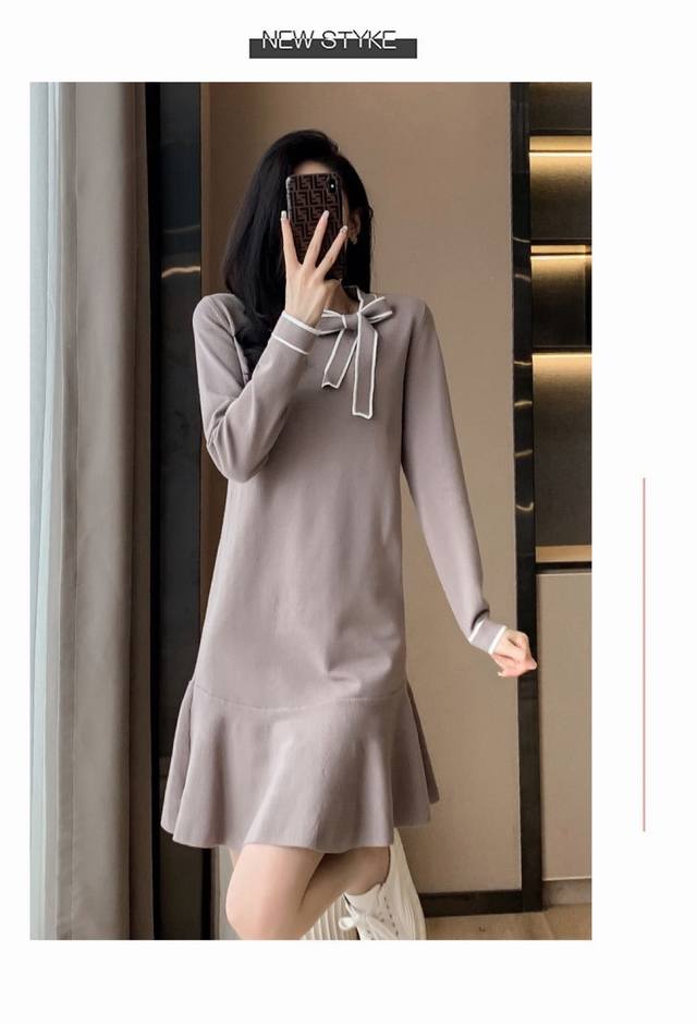 French style elegant bow mid-length knitted fishtail dress for women, Smlxl DDD