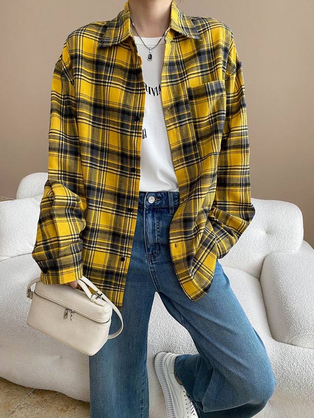 Early Autumn New American Dopamine Yellow Plaid Casual All-match Loose Long Sle