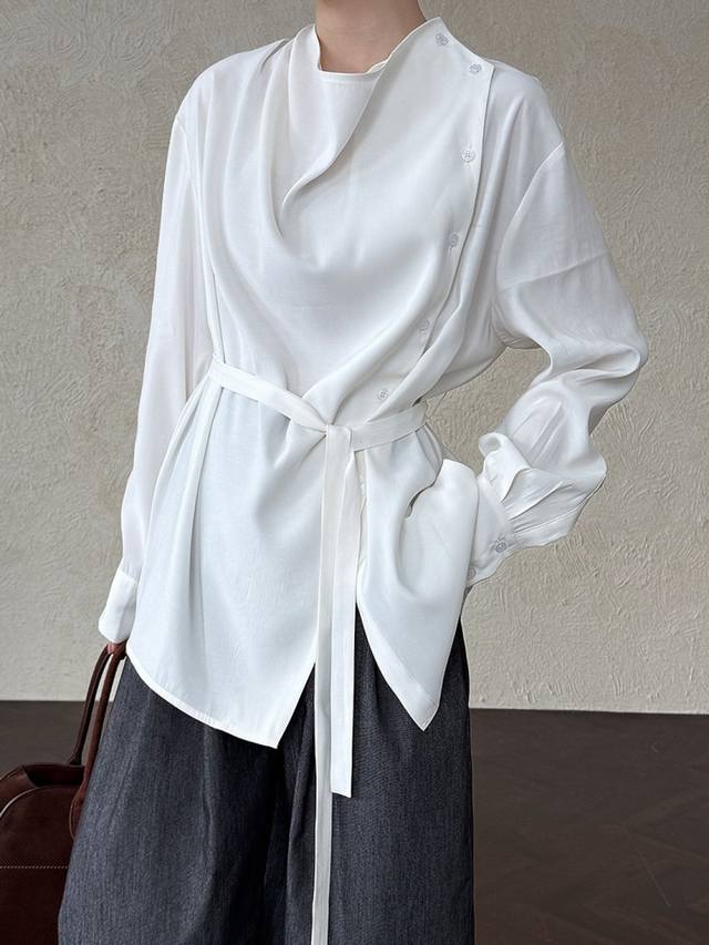 Korean style niche collar tie waist blouse women's autumn new temperament desig