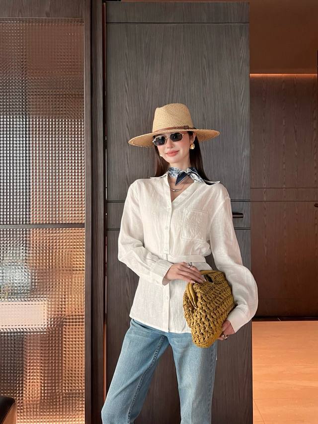 Loe* Cotton and linen tie waist shirt with classic pocket embroidery small logo,
