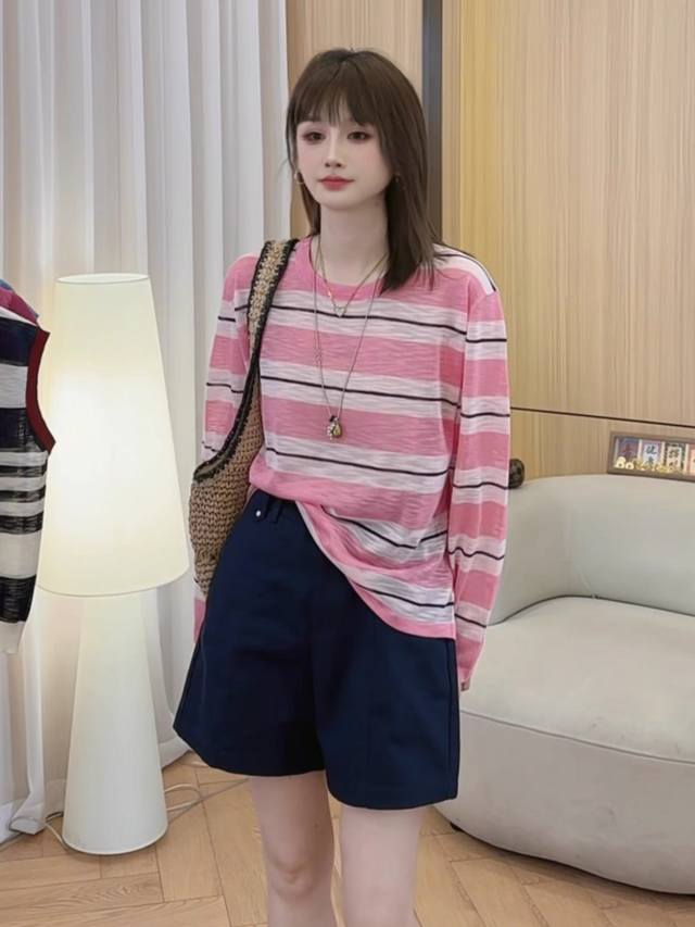 New Tencel Linen Striped Contrast Color Round Neck Long Sleeve Thin Knitted Swe