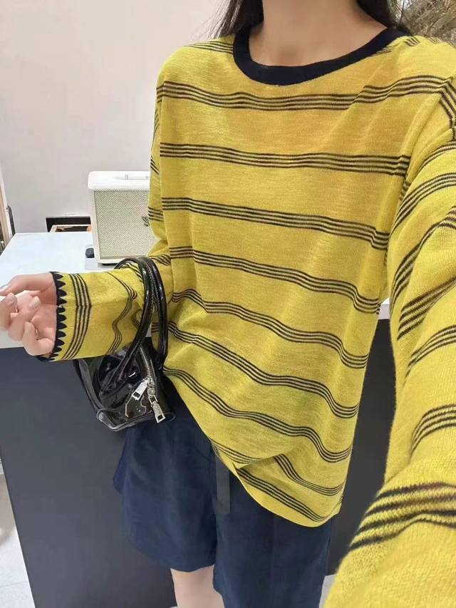 Dopamine wear yellow striped long-sleeved T-shirt thin outer loose sunscreen top