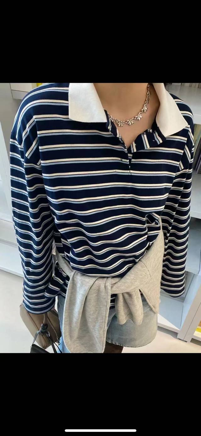 Korean style color matching lapel pullover striped long sleeve T One size DDD