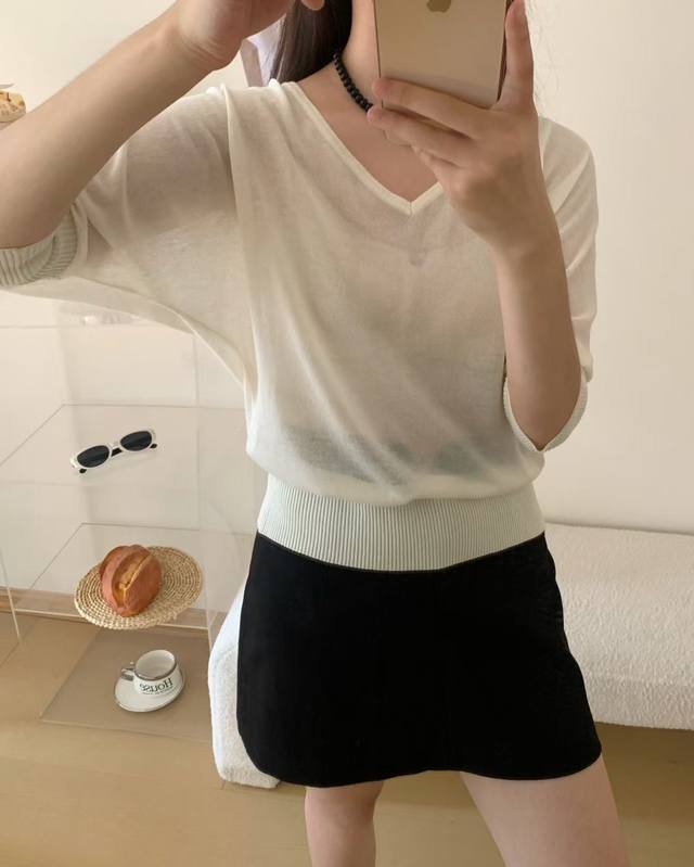 Korean Tencel Linen Thin Tencel Linen V-neck Mid-sleeve Fashion Knitted Sweater