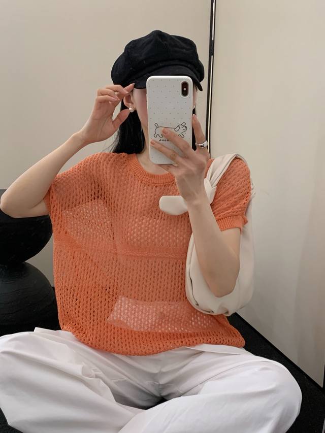 Atmosphere sense mesh hollow micro-transparent short-sleeved knitted sweater new