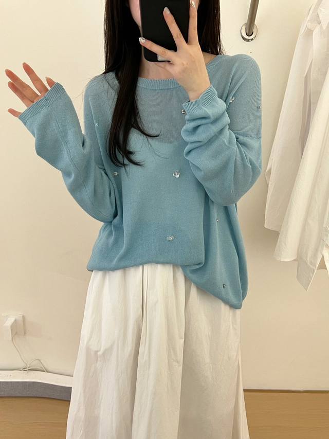 Lazy and casual loose and slim handmade sequin round neck knitted sweater long
