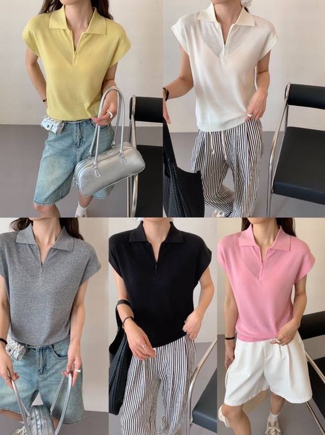 Lapel linen knitted top short sleeve new Korean style all-match slim half-zip c