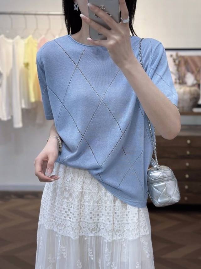 New hollow diamond short-sleeved sweater Korean version of contrasting color sh