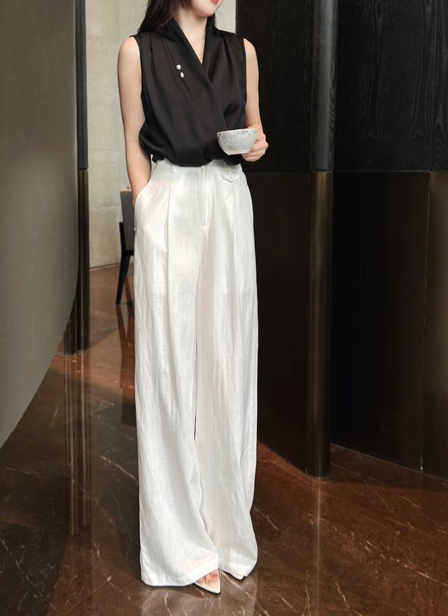All-match popular Tencel linen wide pants Color: Pure White Size: S