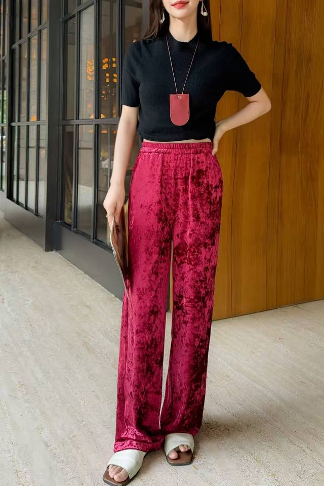 Elastic waist velvet pants, colors: rose red, brown, green, sizes: S-Xl DDD