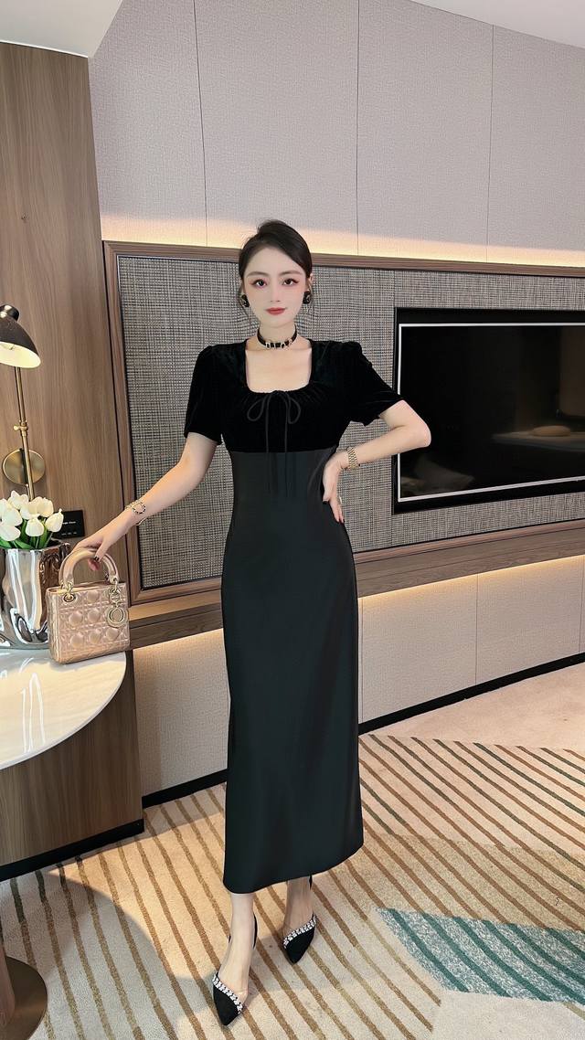 High-end French elegant niche dress design velvet splicing long skirt - size: Lx