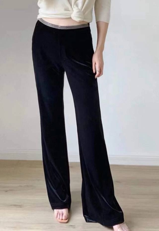 New high quality stretch silk velvet elastic waist bead chain flared trousers B