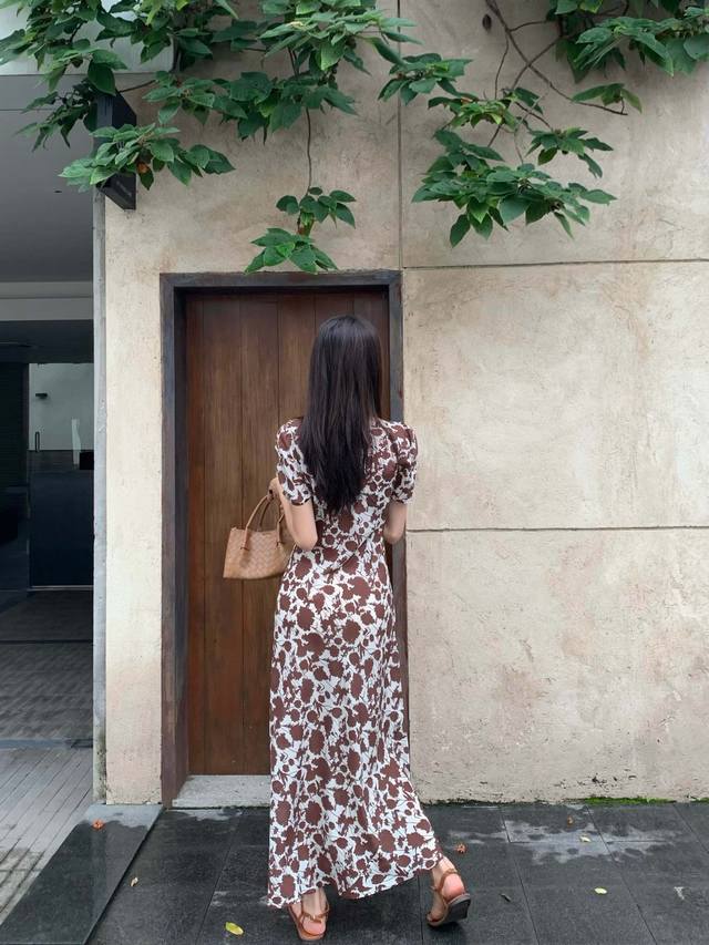French bias-cut silk dress Color: Brown Flower Pattern Size: Smlxl DDD