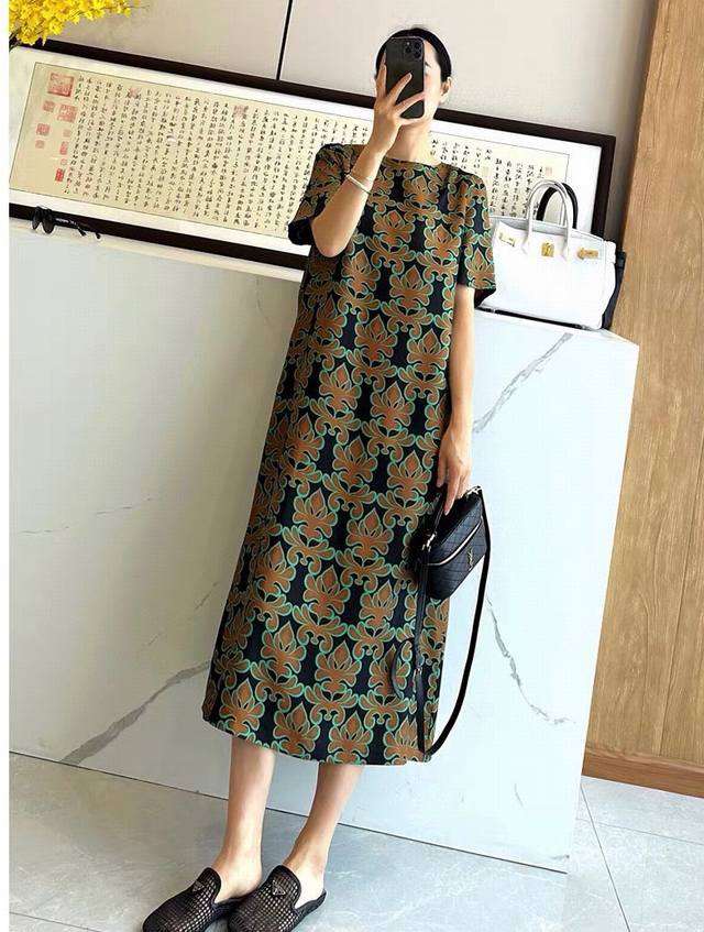 Heavy silk twill printed dress, high-end light luxury retro print, loose style