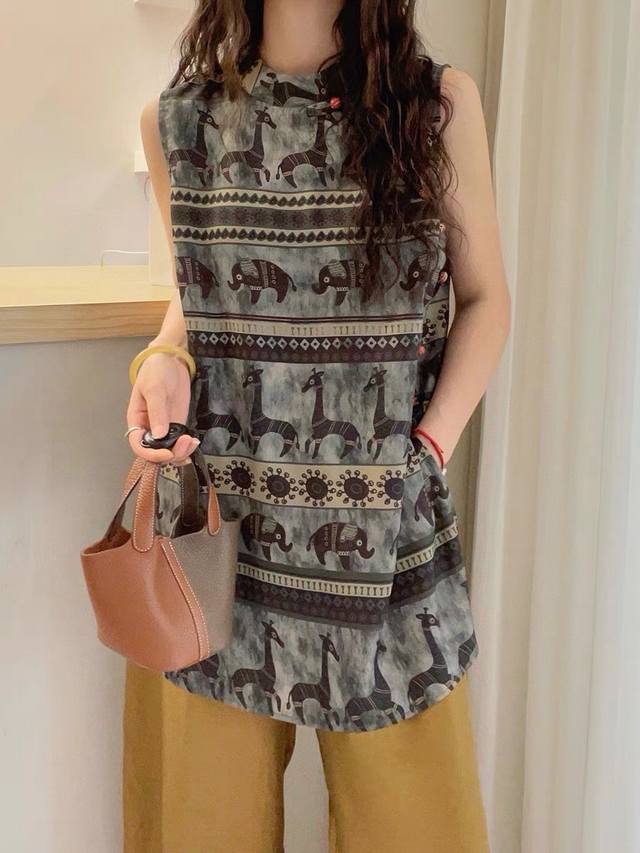 Big hit elephant print shirt, retro print button picture color M back length 67c
