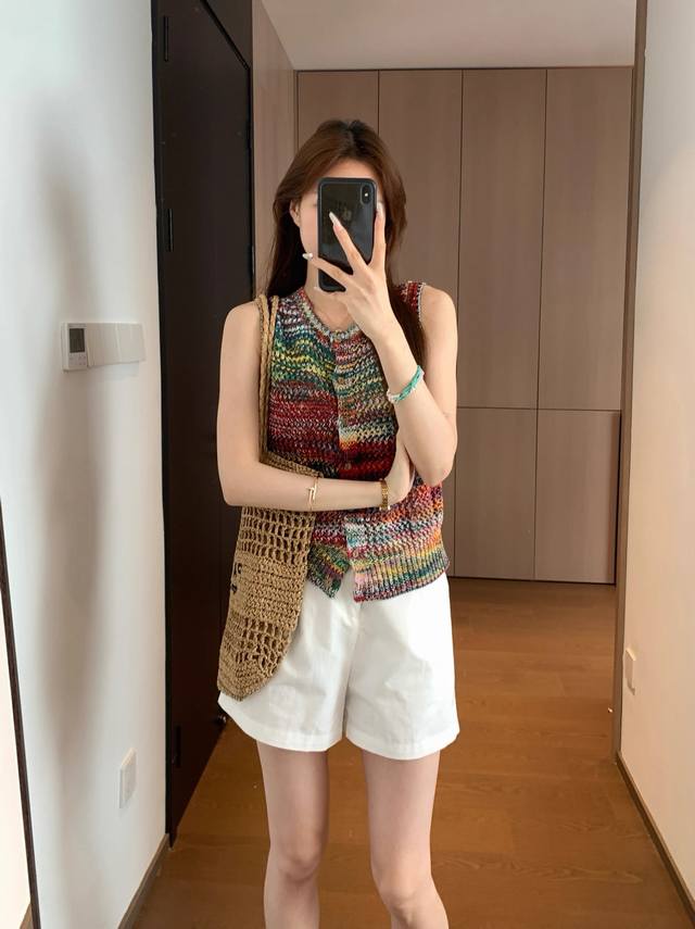 Rainbow Palette 100% Cotton Space Dyed Yarn Hollow Texture Pullover Cardigan Loo