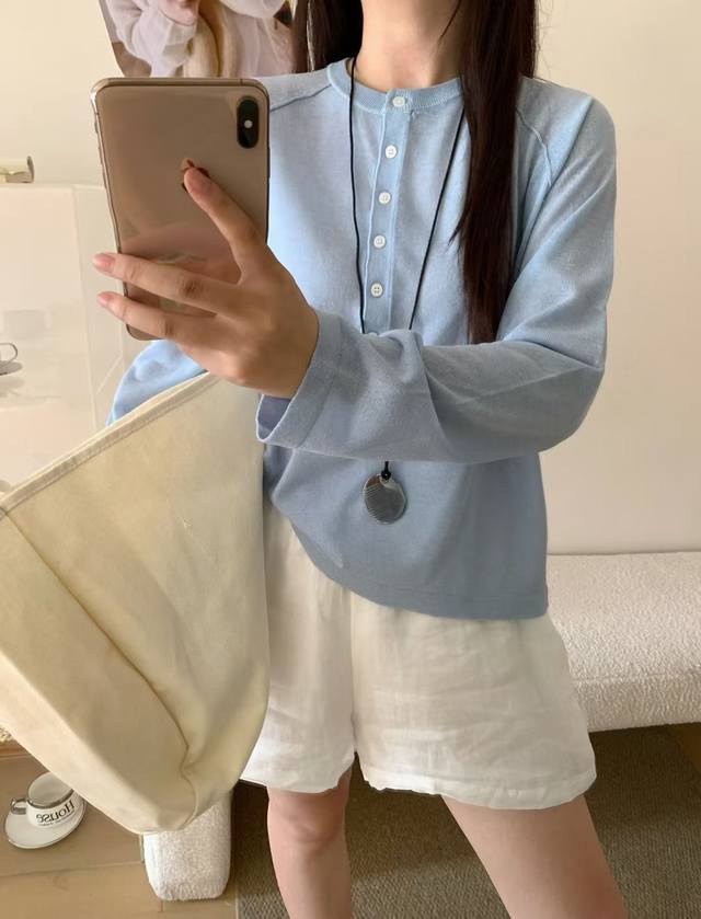 European goods thin ice linen knitted long-sleeved half-open button pullover lo