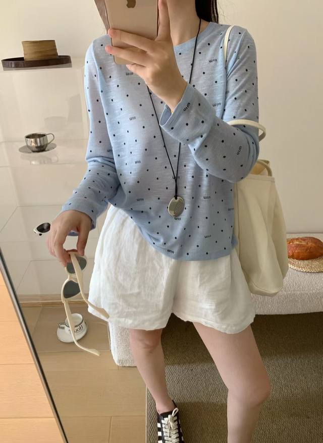 European fashion Tencel linen polka dot letter round neck long sleeve knitted t