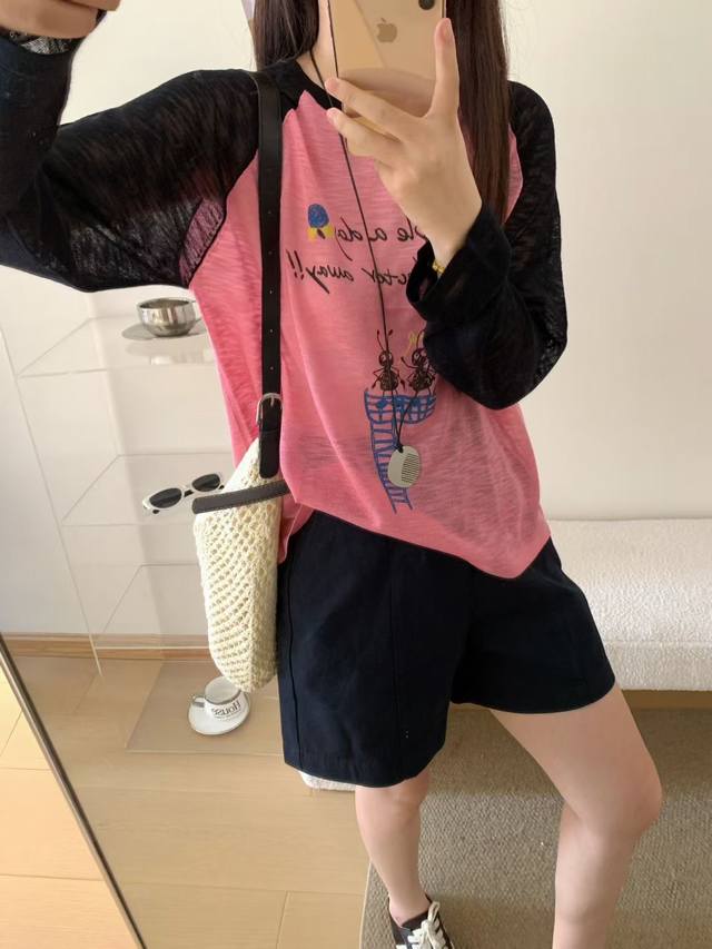 Round neck splicing cartoon print long-sleeved T-shirt new loose slimming age-r