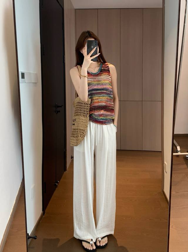 Rainbow palette 100% cotton space-dyed yarn hollow texture pullover loose sleeve