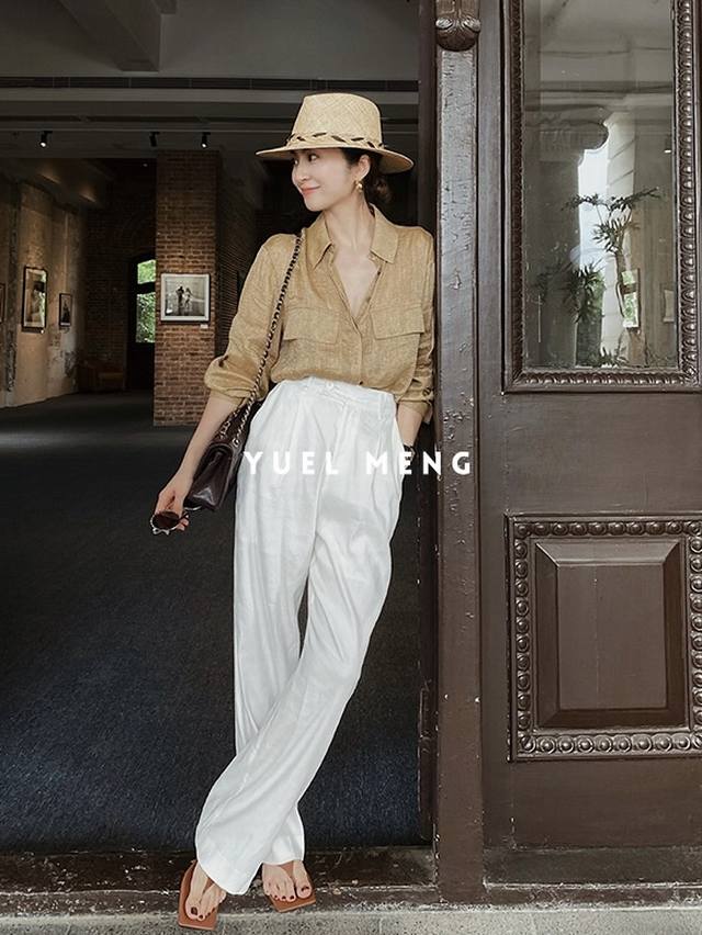 Light luxury old money style shirt + wide-leg suit pants set, the shirt has a lo