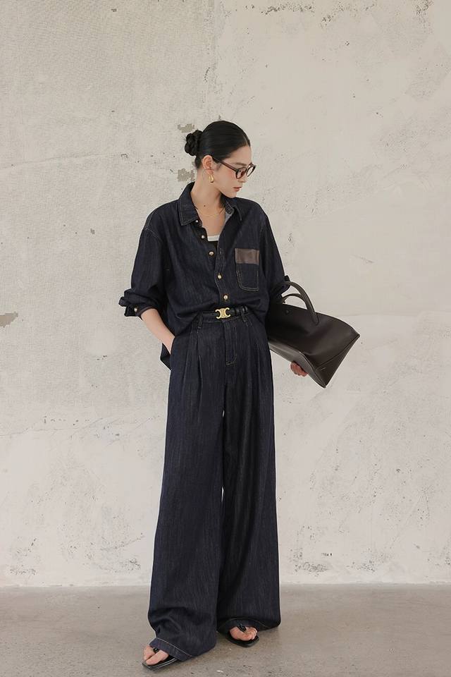 Early autumn hit! Retro workwear blue Tencel denim shirt straight pants two-pie