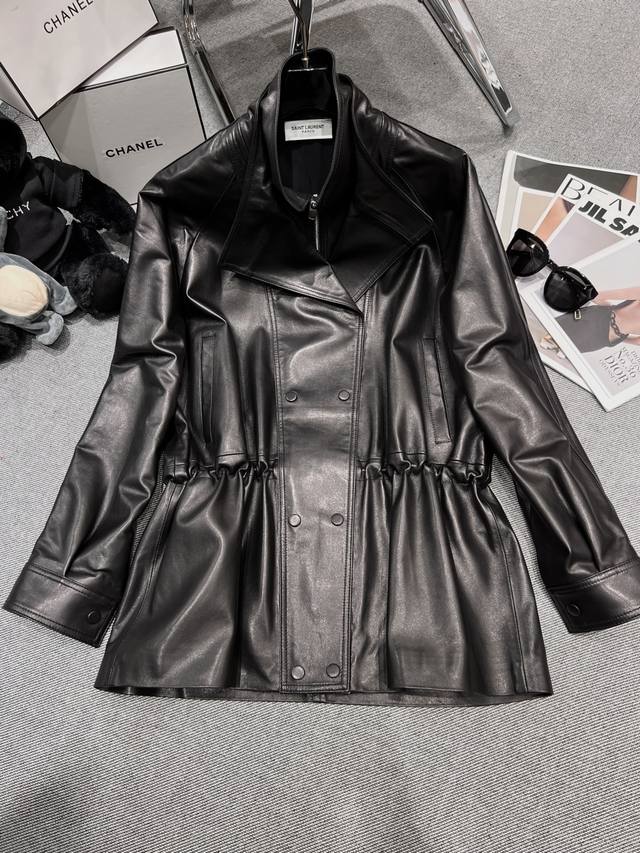 Ysl 2025 early autumn new leather jacket, mid-length series, made of high-qualit