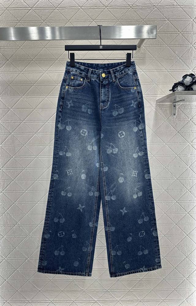 Louis Vuitto*2025 New Arrivals: Straight-Leg Cherry Laser Denim Pants. Made of c