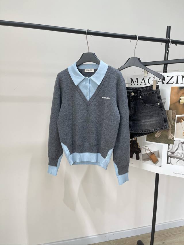 M Grey and blue colorblock fake two-piece Polo sweater DDD, Fabric: Cashmere and