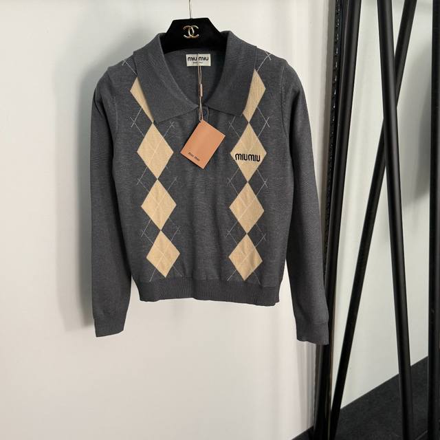 Style No. 20255182 Miumi* new diamond lattice logo embroidered polo collar long
