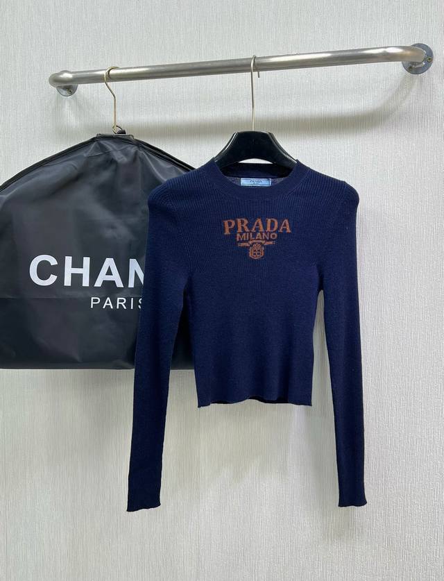 Prada24Ss Early Spring Navy Blue Lettering Long-Sleeved Thin Knit Sweater, Made