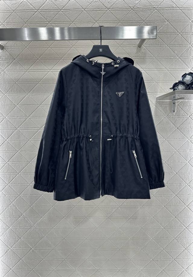 Prad*2025 New Arrivals: Hooded Mid-Length Jacket. Custom-made YB imported dark j