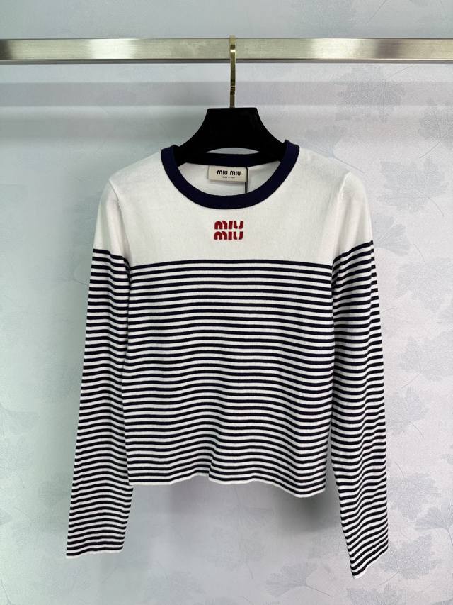 Miumi*2025 Early Fall new striped knit long-sleeve top! Custom-woven silk and wo