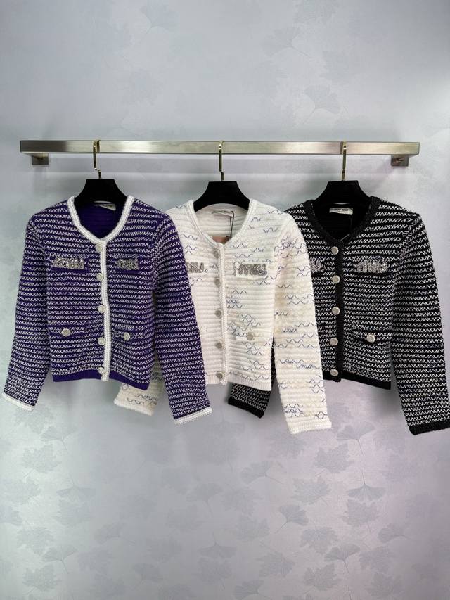 Miumi* 2025 Early Fall new round-neck knitted cardigan! Custom-woven wool yarn f