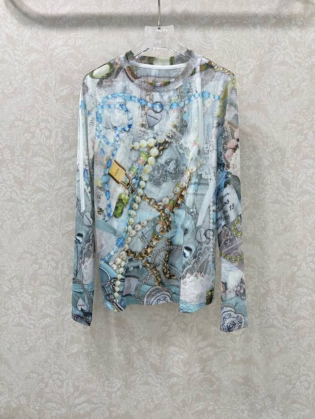 Acne*25 new mesh bottoming shirt ~ Jewel pearl ink-dyed logo print mesh fabric i
