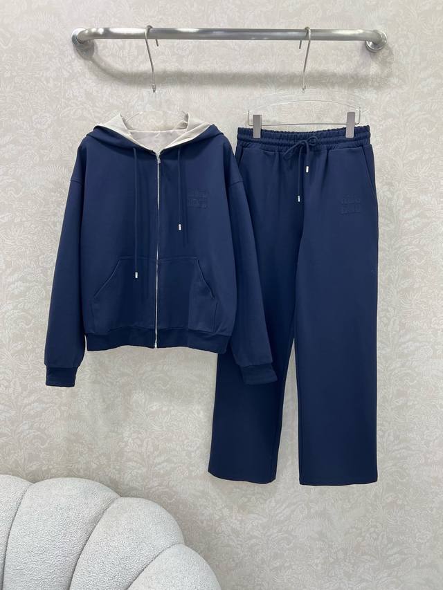 Miumi*25 new style suit, double-sided hooded zipper jacket, wide-leg pants combi