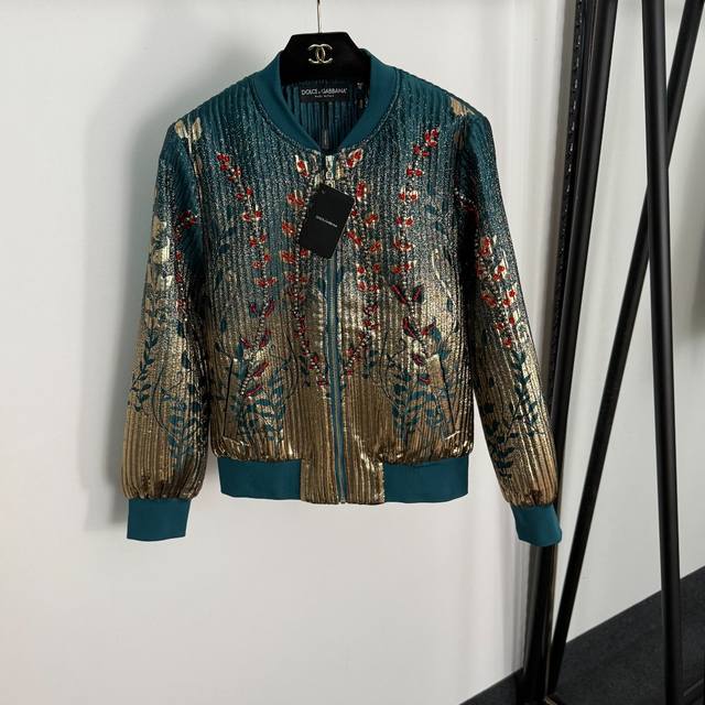 Style No. 20255124 Dg* New Heavy Beaded Silk Jacquard Long-Sleeved Zipper Jacke
