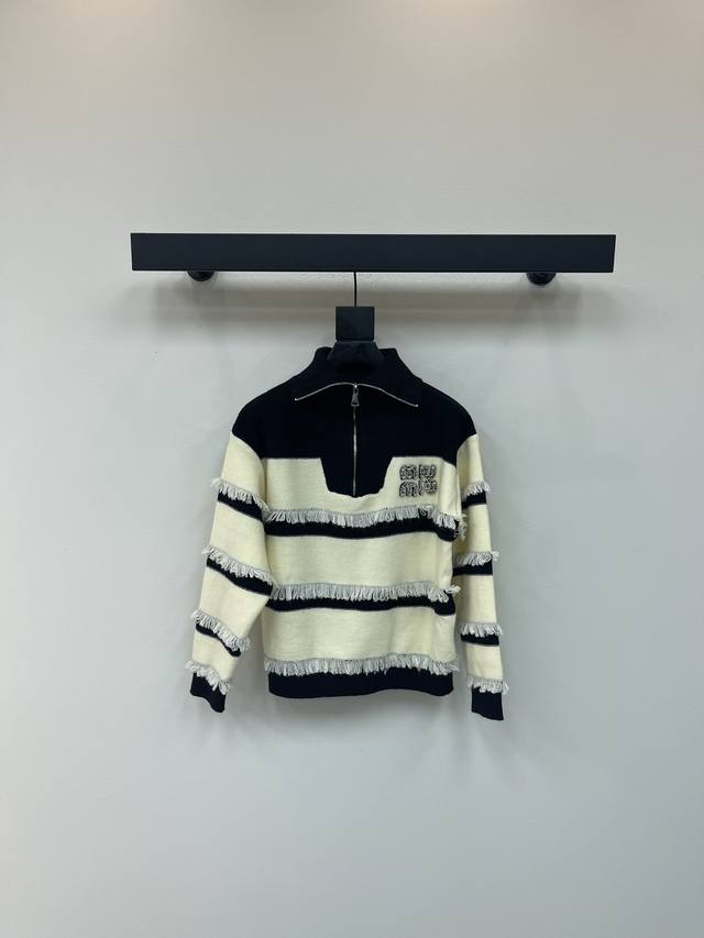 Miumi*25 new autumn and winter striped tassel knitted sweater with half zipper s