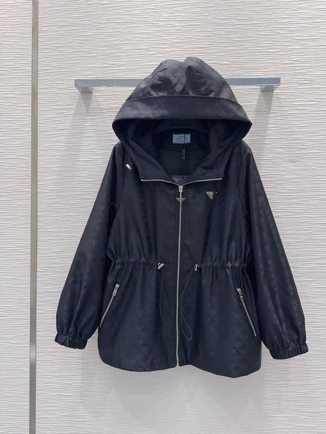 Prad*2025Fw new hooded jacket, triangular jacquard fabric, drawstring waist desi