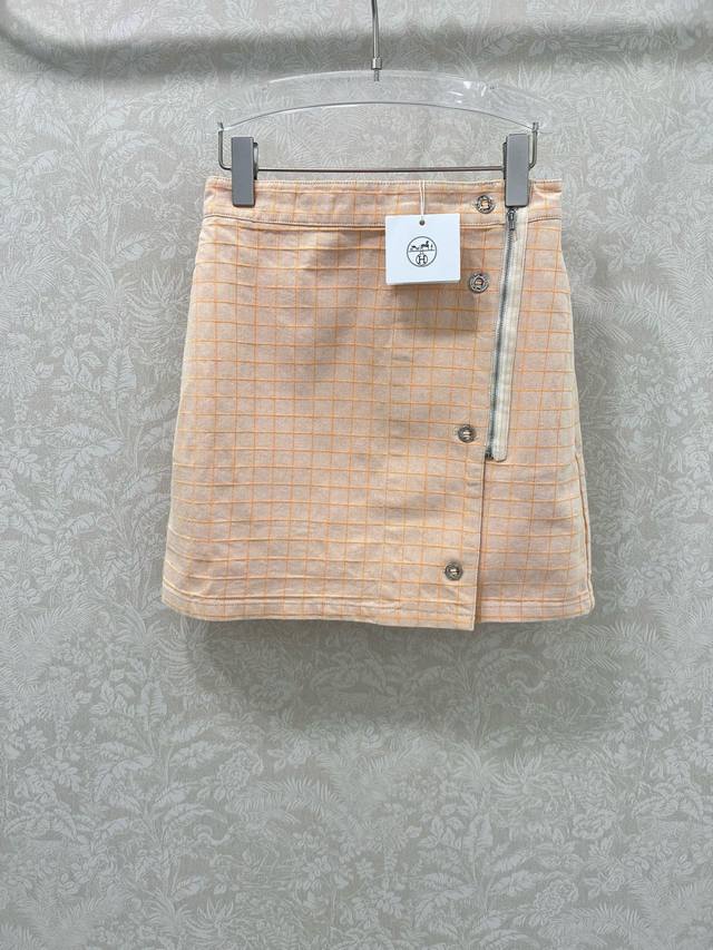 Herme*25 Orange Pink Plaid Zipper Skirt Custom Made Yb Twill Cotton Denim Textur