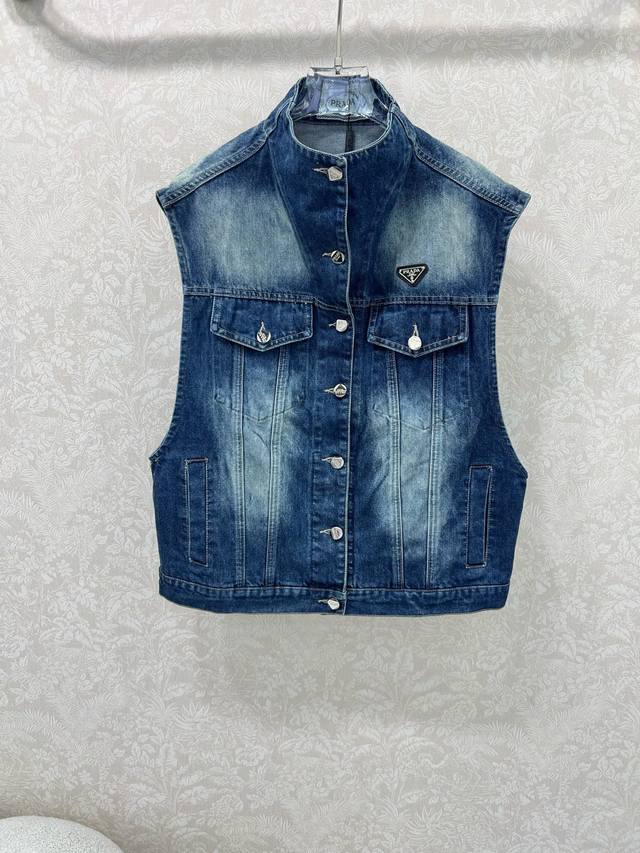 Prad*25 New retro washed denim vest jacket! Stand-up collar, pile collar, H-cut