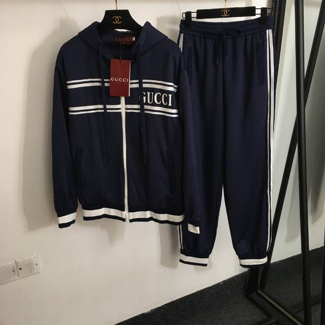 Style No. 8027 Gucc* new sports suit, striped logo letter long-sleeved hooded z